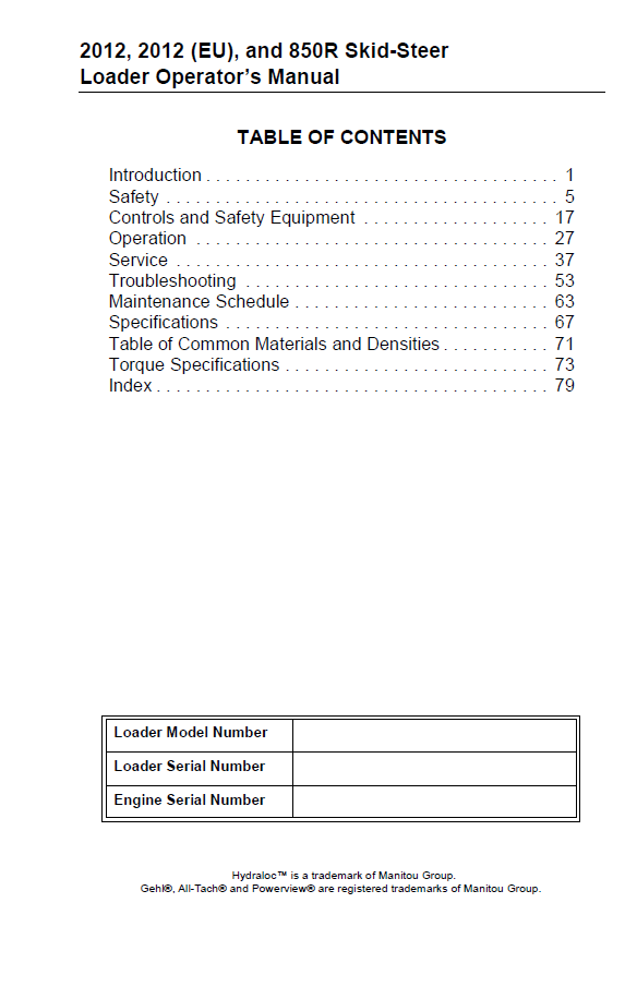 Official 2012 Mustang 850R Skid-Steer Loader Manual PDF