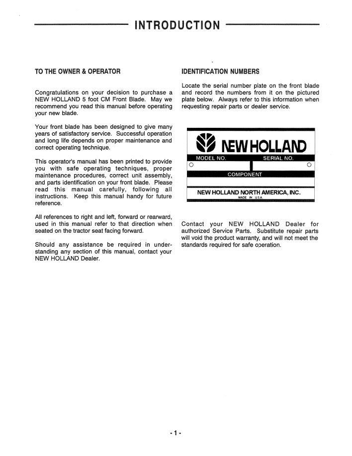Official 42646041 PDF: New Holland 5' Front Blade CM Tractor Manual