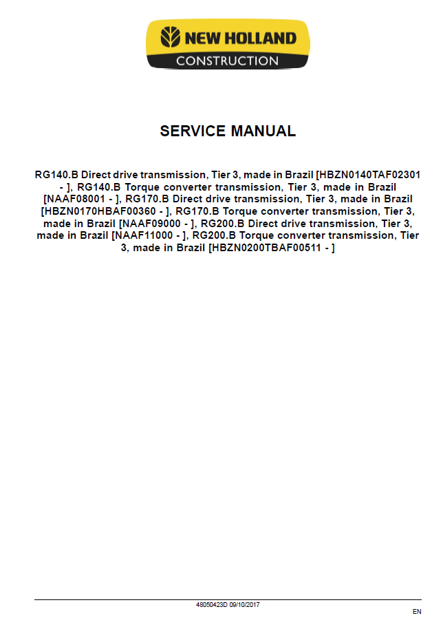 Official 48050423D Service Manual for New Holland RG140.B, RG170.B, RG200.B