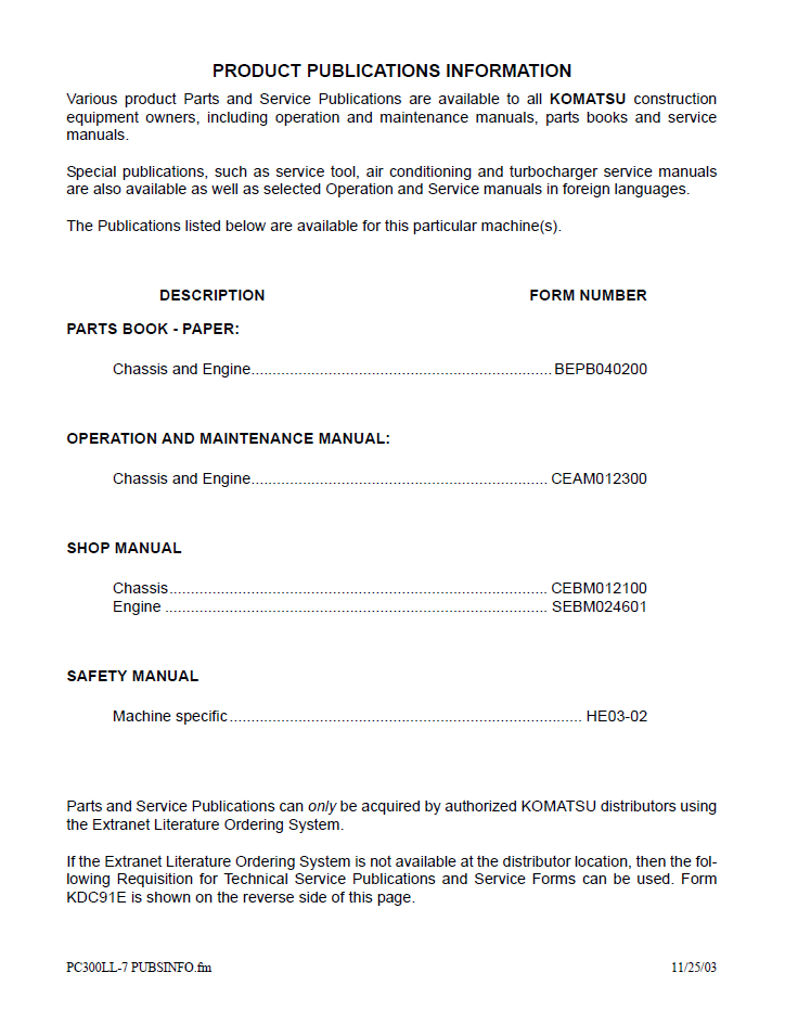 Official CEAD012300: Komatsu PC300LL-7L Forestry Excavator Manual
