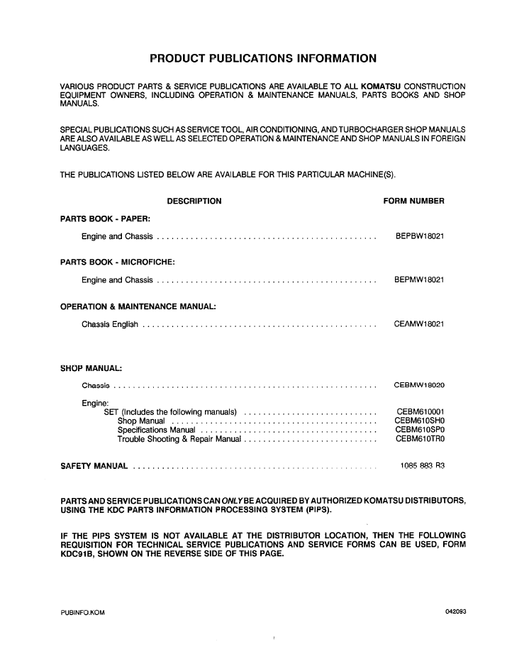 Official CEADW18021: Komatsu WA250-1LC Front End Loader Manual