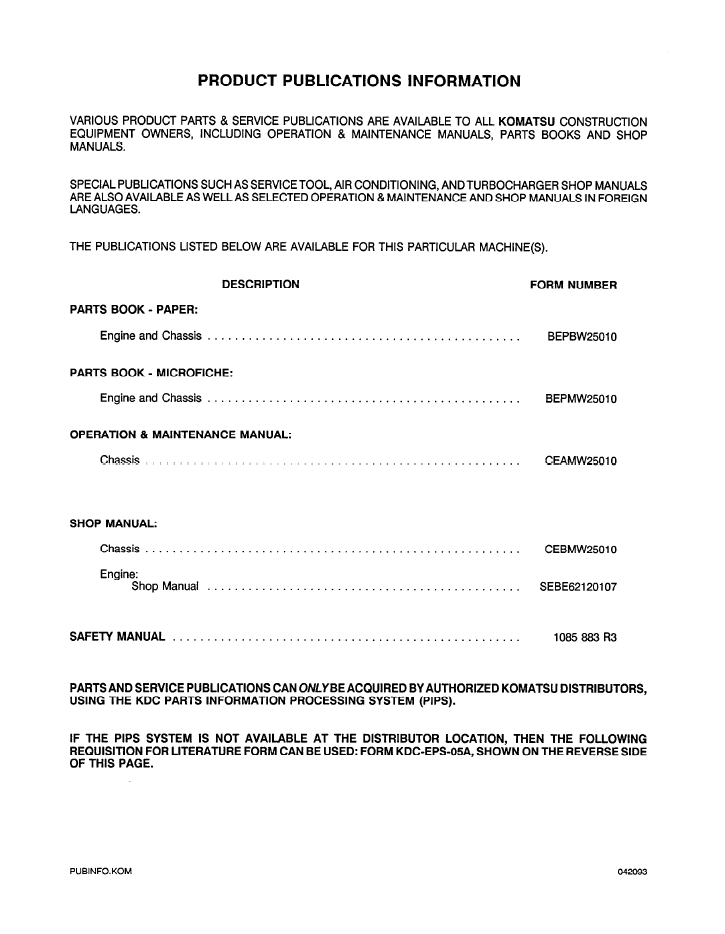 Official CEADW25010: Komatsu WA500-1L Front End Loader Manual
