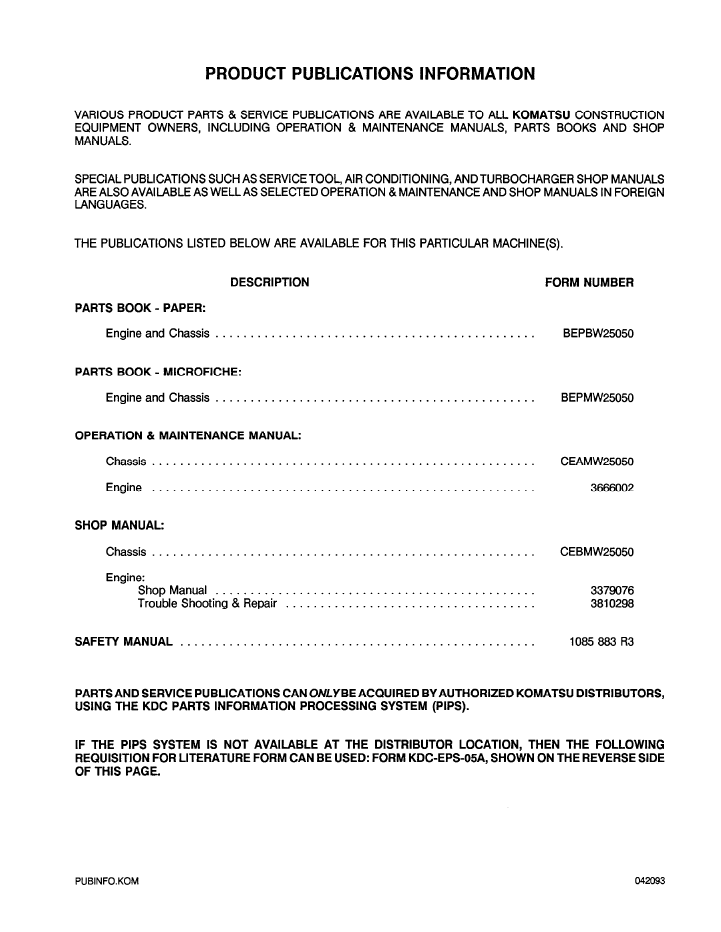Official CEADW25050: Komatsu WA500-1LC Front End Loader Manual