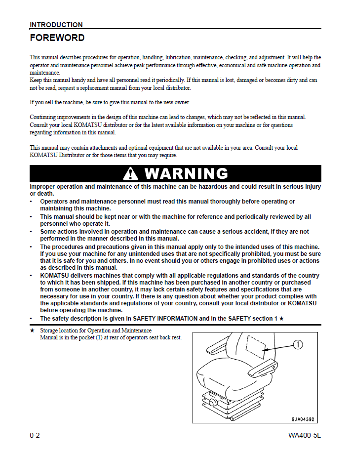 Official CEAM009602 Komatsu WA400-5L Wheel Loader Operator and Maintenance Guide