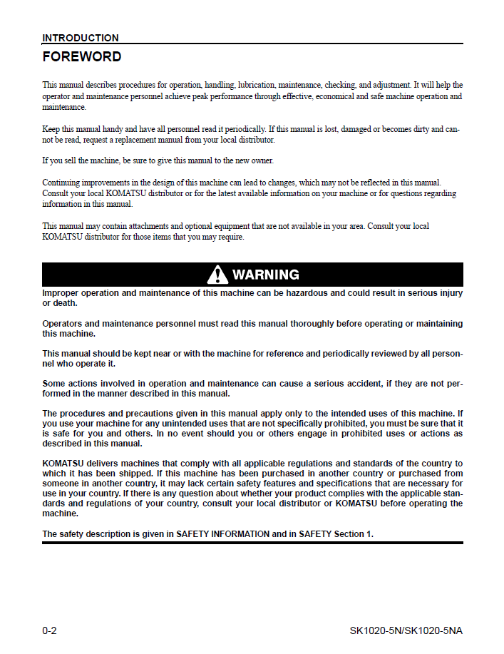 Official CEAM013902 Komatsu SK1020-5NA & SK1020-5N Loader Operator and Maintenance Guide