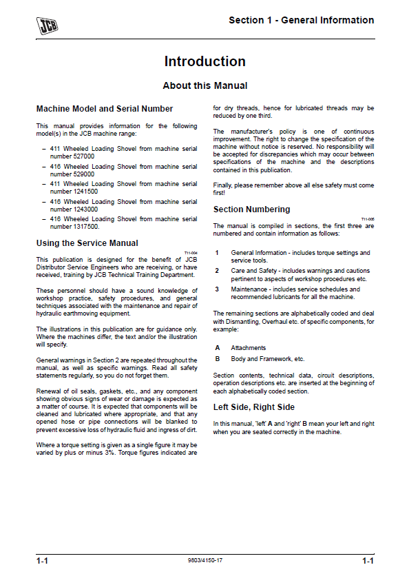 Official JCB 411 & 416 Loading Shovel Workshop & Service Manual