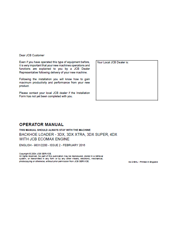 Official JCB EcoMax Engine 3DX & 4DX Backhoe Loader Operator Guide
