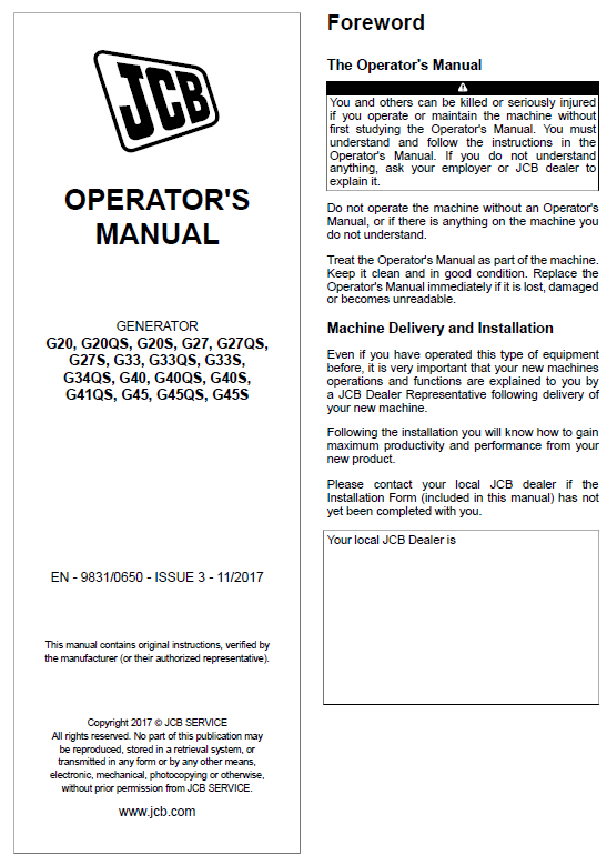 Official JCB G20, G27, G33, G40, G45 Generator Manuals