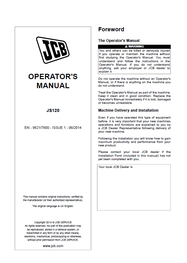 Official JCB JS120 User & Operator Manual (PDF Format)