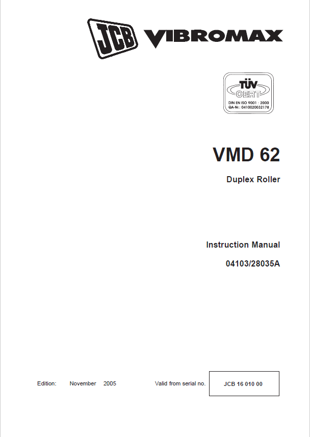 Official JCB VMD 62 Duplex Roller Instruction Manual PDF