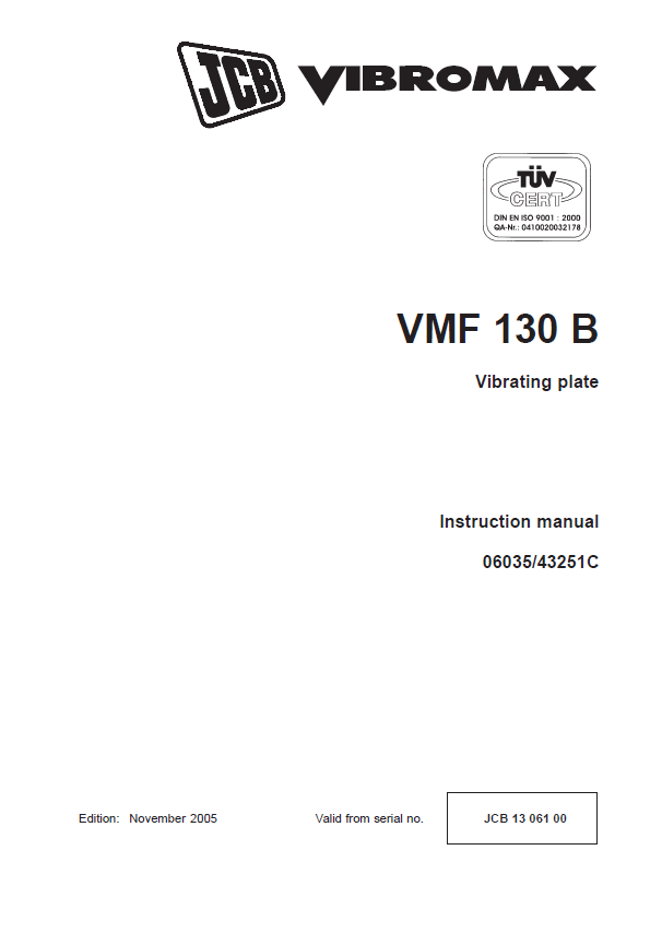 Official JCB VMF 130 B Vibrating Plate Instruction Manual PDF