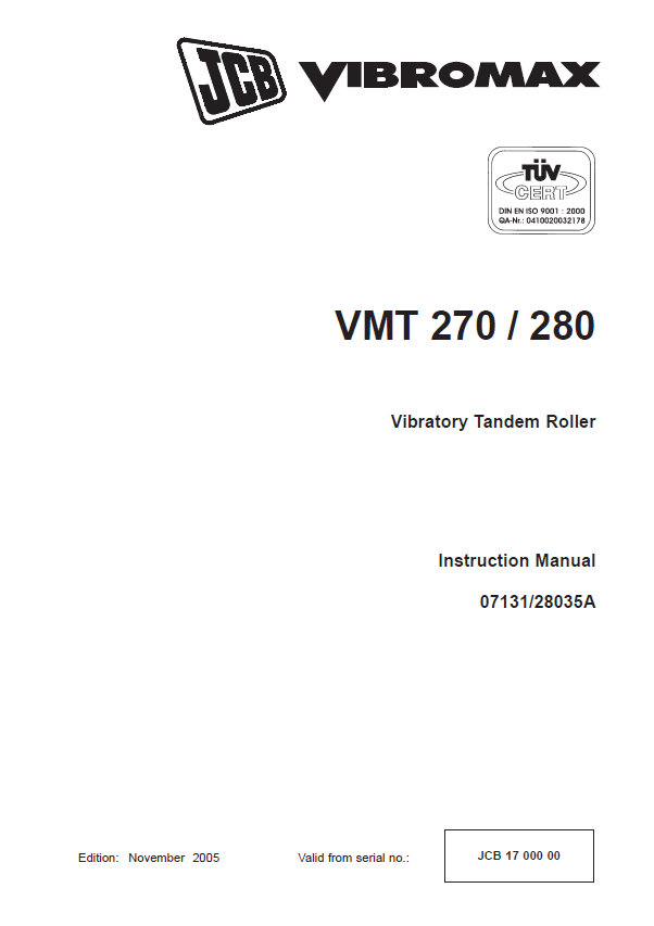 Official JCB VMT 270 & VMT 280 Vibratory Tandem Roller Instruction Manual PDF