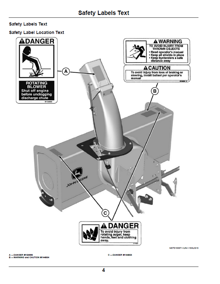 Official John Deere 44 Snowblower Operator Guide for 100 Series (OMM177515)