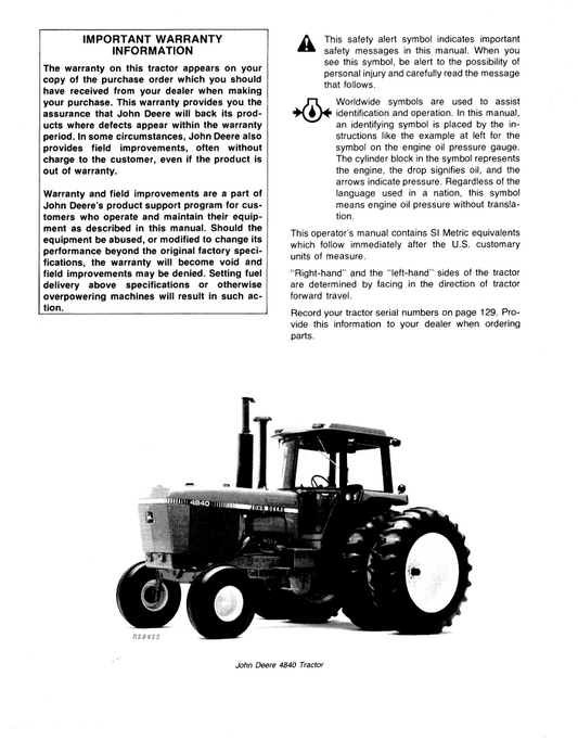 Official John Deere 4640 & 4840 Tractor Operator Manual OMR65463