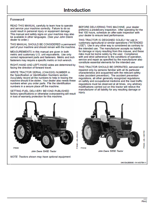 Official John Deere 5045D & 5055D Tractor Operator Manual OMSJ301049
