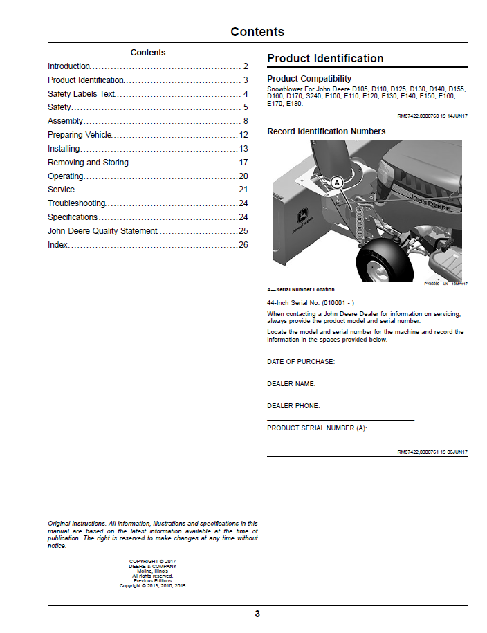 Official John Deere Lawn Tractor 44" Snowblower Manual OMUC13236