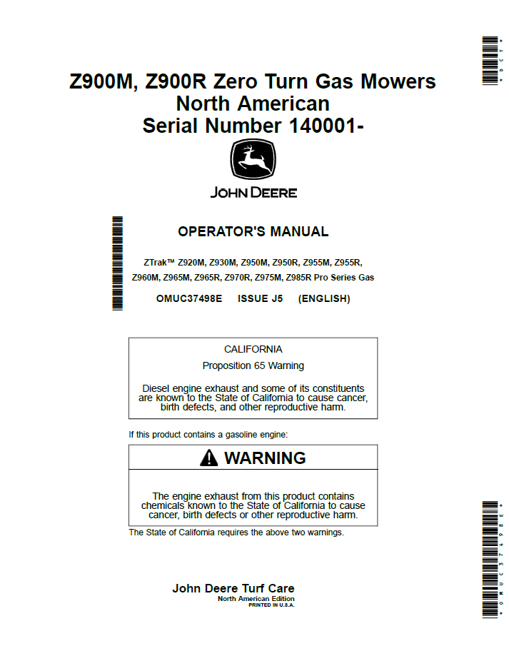 Official John Deere Z900M Z900R Zero-Turn Mower Manual (OMUC37498E)
