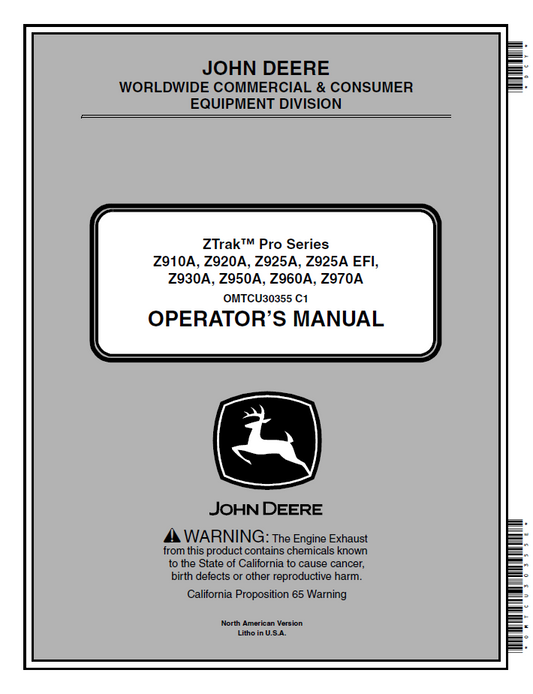 Official John Deere ZTrak Pro Series (Z900A) Manual - OMTCU30355