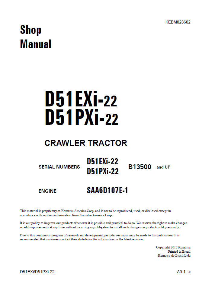 Official KEBM028602 Komatsu D51EXi/PXi-22 Dozer Repair & Service Manual