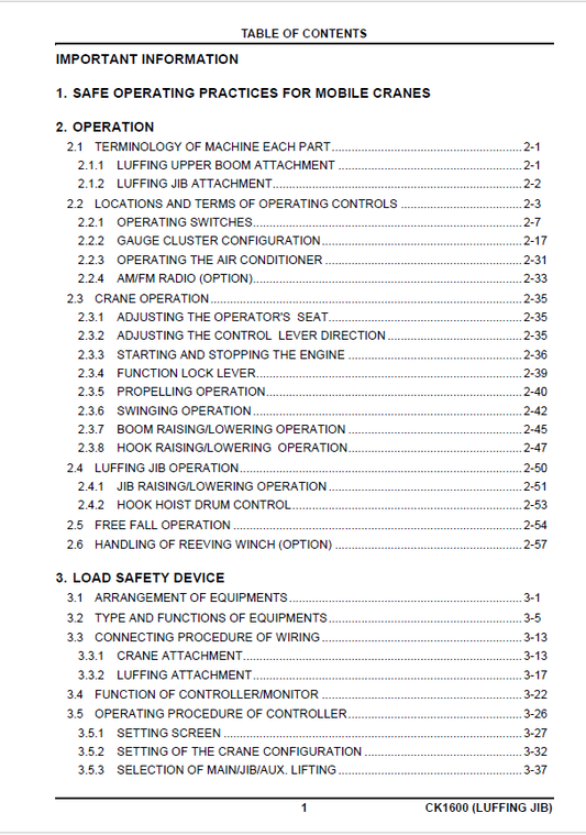 Official Kobelco CK1600-1F Luffing Crane Service & Repair Guide