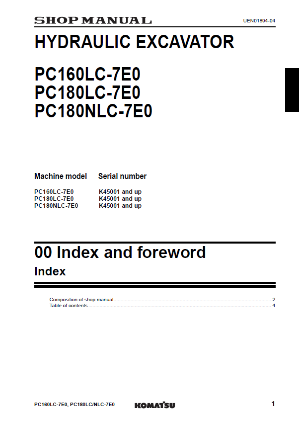 Official Komatsu PC160LC-7E0 & PC180LC/NLC-7E0 Hydraulic Excavator Service Manual