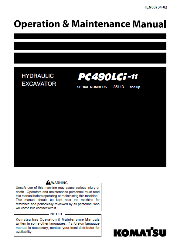 Official Komatsu PC490LCi-11 Excavator Operation & Maintenance Manual PDF