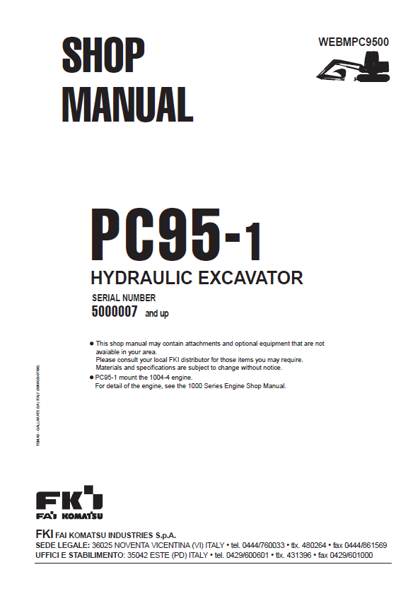 Official Komatsu PC95-1 Hydraulic Excavator Shop Manual PDF Download