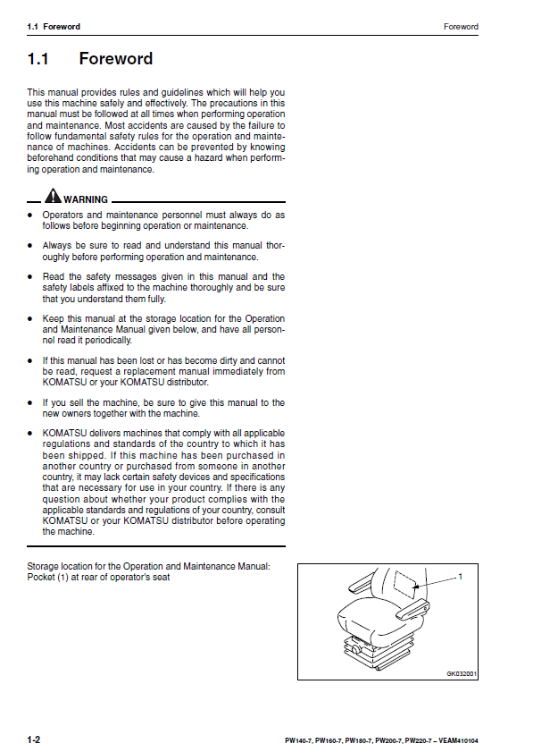 Official Komatsu PW140-7 to PW220-7 Wheeled Excavator Operator's Guide & Maintenance Manual