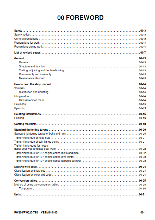 Official Komatsu PW200-7E0 and PW220-7E0 Repair & Maintenance Manual PDF 