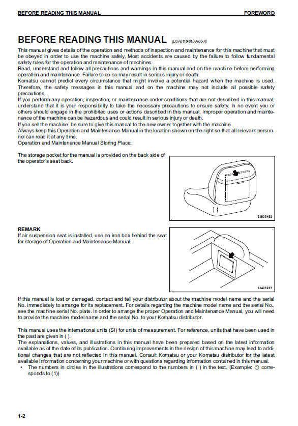 Official Komatsu TEN00606-07 Operation & Maintenance Manual for D37/D39-23 Bulldozers