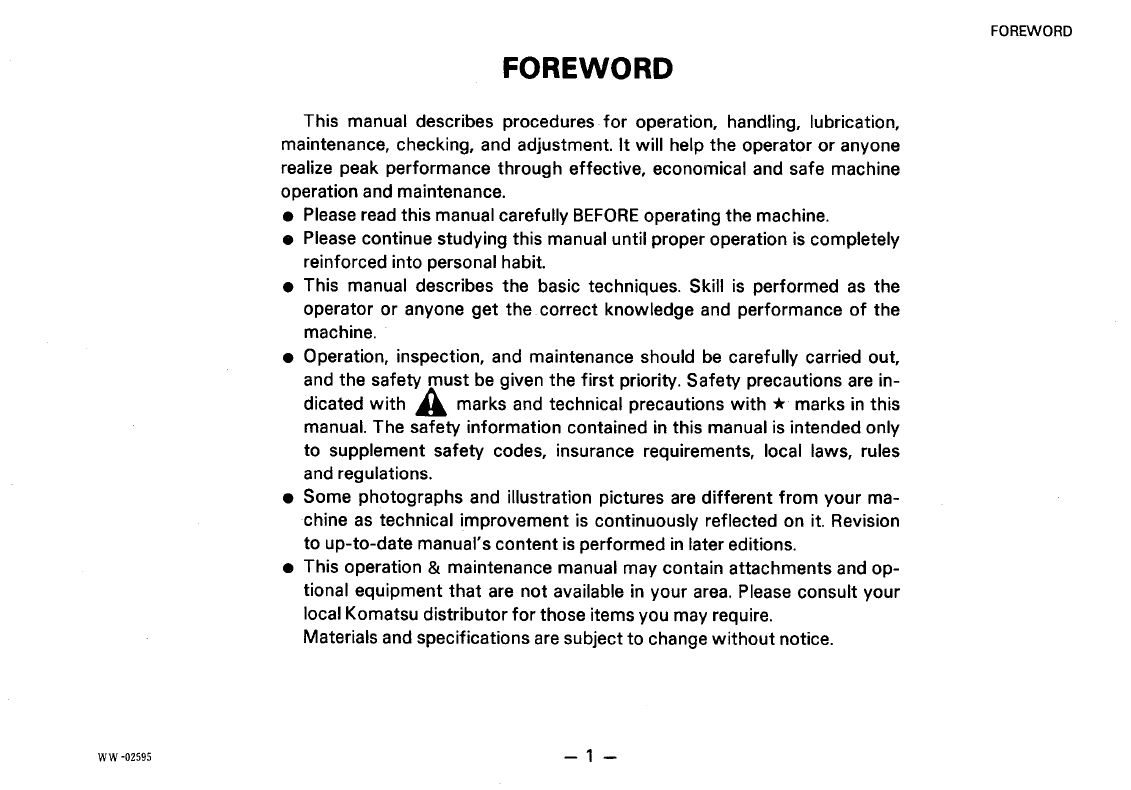 Official Komatsu WA180-1 Wheel Loader Operator Maintenance Manual (SEAMU4170103)