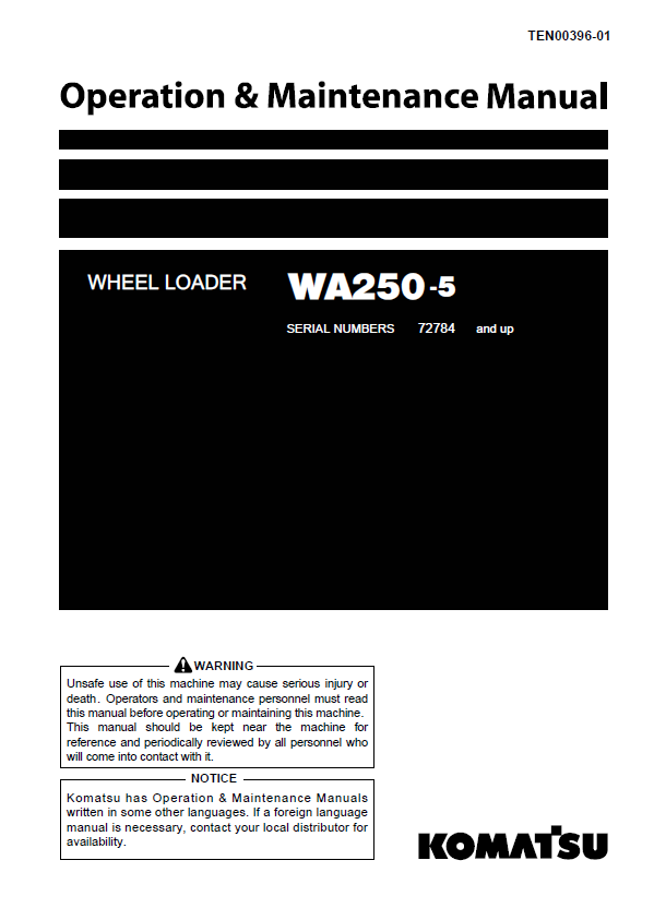 Official Komatsu WA250-5 Wheel Loader Operator and Service Guide