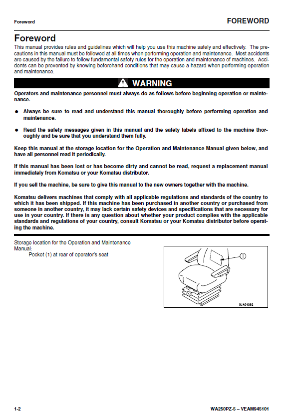Official Komatsu WA250PZ-5 Wheel Loader Operator & Service Manual PDF