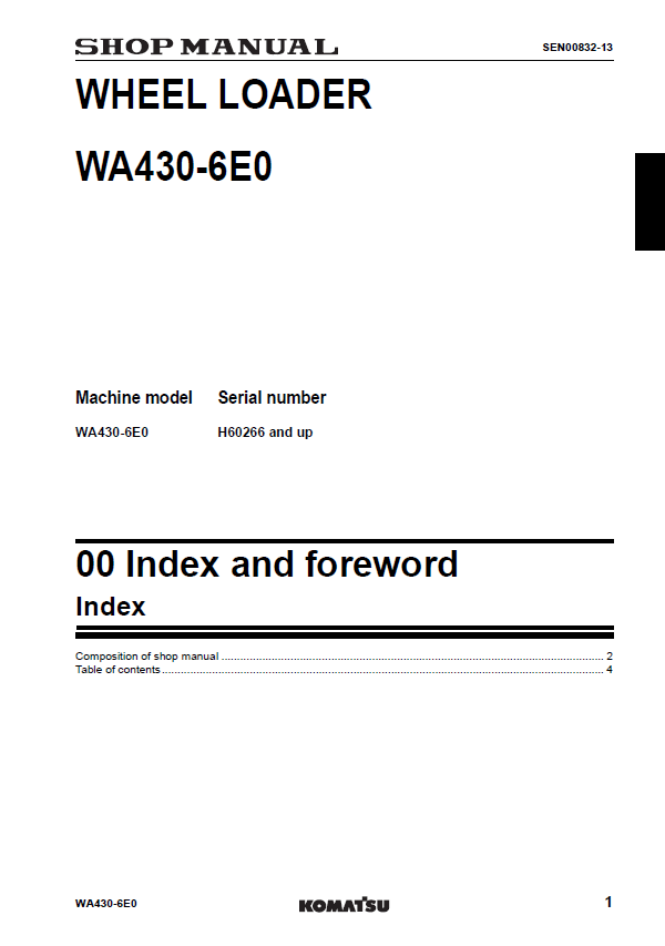 Official Komatsu WA430-6E0 Wheel Loader Service & Maintenance Manual PDF