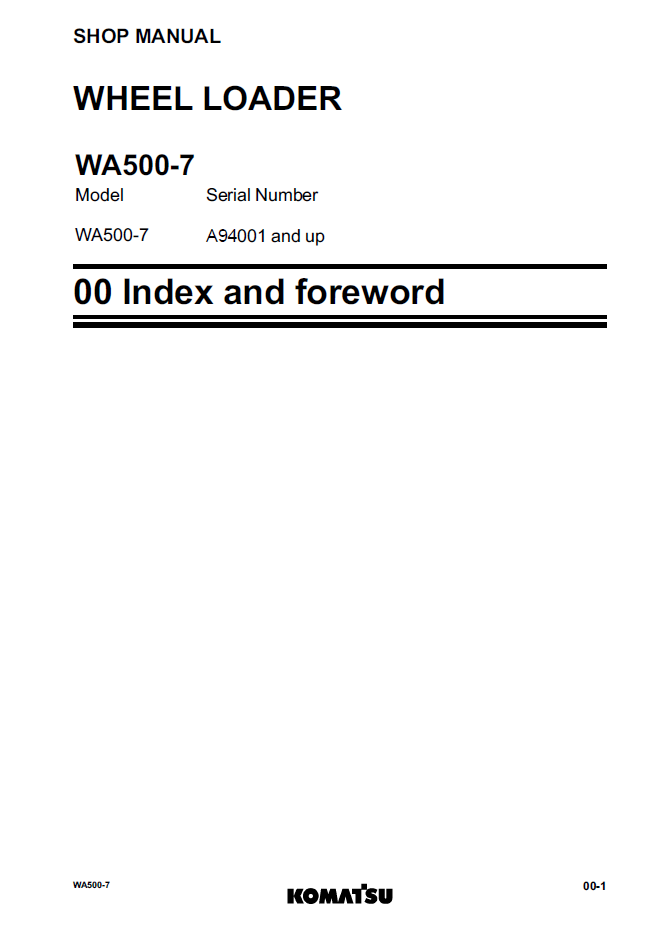 Official Komatsu WA500-7 Front End Loader Repair and Service Manual - CEBM026803