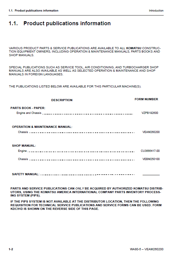 Official Komatsu WA80-5 Wheel Loader Operator & Service Manual