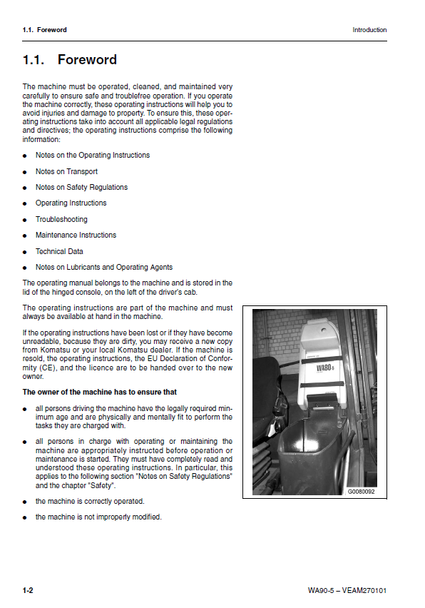 Official Komatsu WA90-5 Wheel Loader Operator & Service Manual