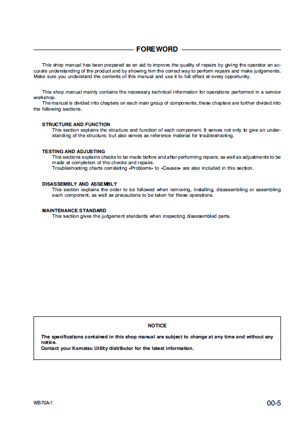 Official Komatsu WB70A-1 Backhoe Loader Shop & Repair Manual PDF