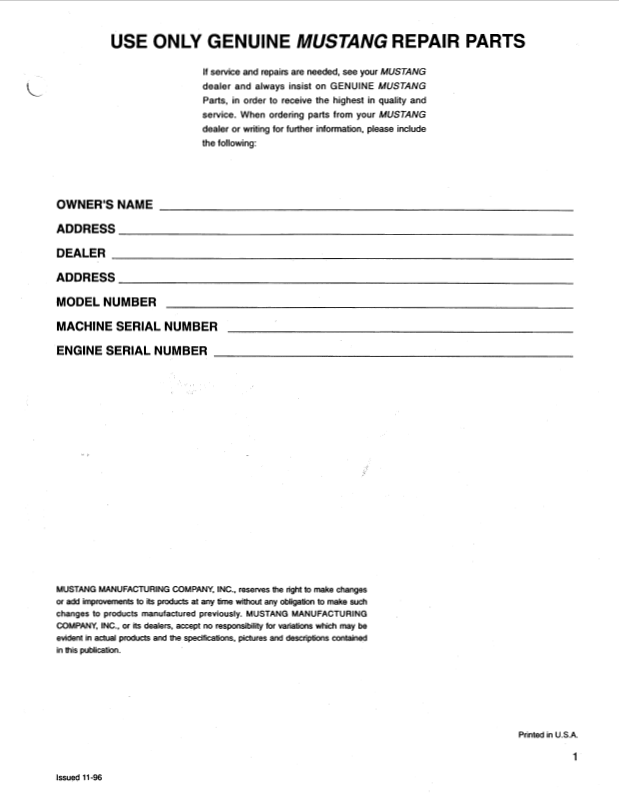 Official Mustang 2040 Parts Manual (015-10968 PDF)