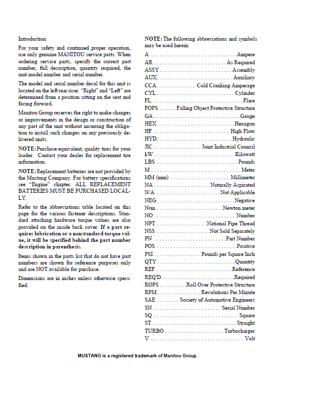 Official Mustang 2600R X-Series Skid-Steer Loader Parts PDF Manual
