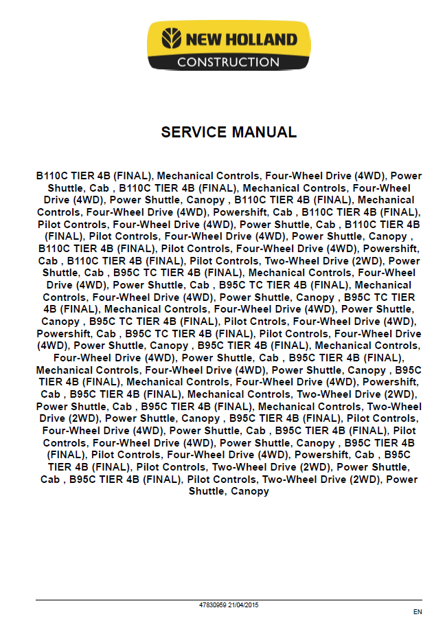 Official New Holland B95C & B110C Tier 4B Tractor Loader Backhoe Workshop Manual (47830959)