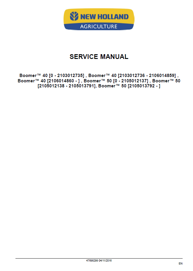 Official New Holland Boomer Compact Tractor Service Manual | Part No. 47698299