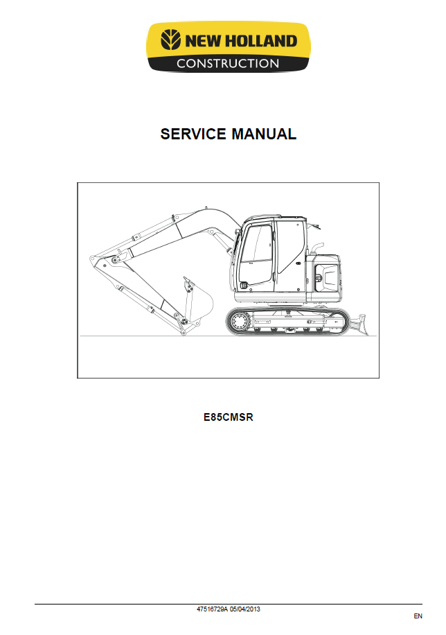 Official New Holland E85C SR Excavator Repair & Service Manual 47516729A