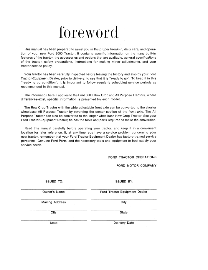 Official New Holland Ford 8000 Tractor User Handbook (42800011)