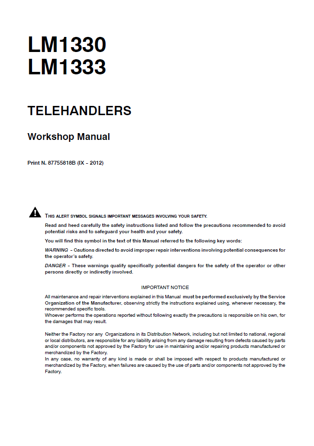 Official New Holland LM1330 LM1333 Workshop Repair Manual (87755818B)