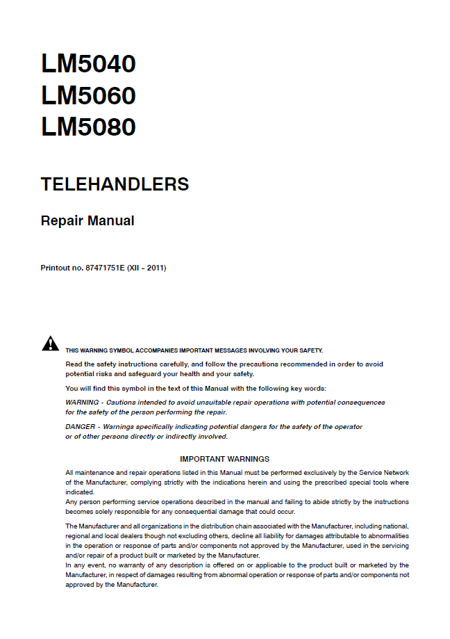 Official New Holland LM5040 LM5060 LM5080 Workshop Service Manual (87471751E)