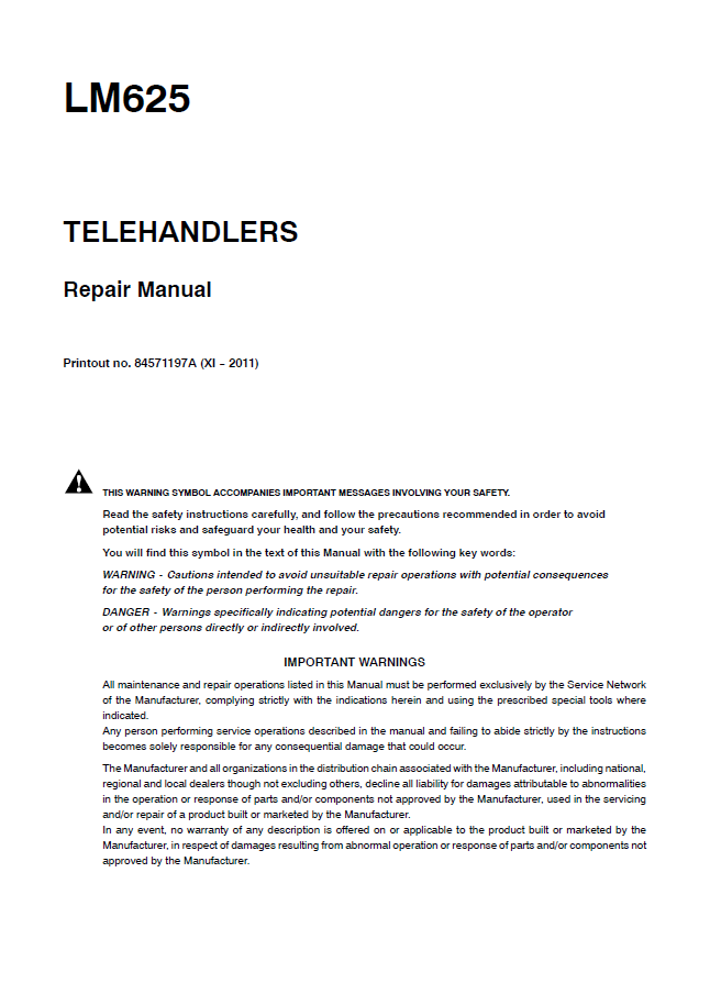 Official New Holland LM625 Workshop Repair Manual (84571197A)