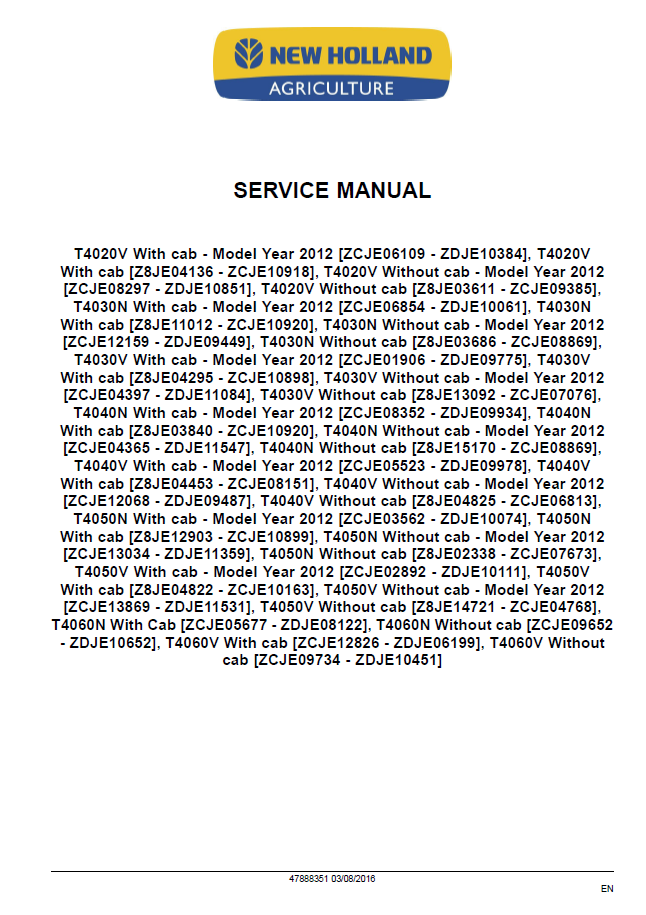 Official New Holland Narrow & Vineyard Series Tractor Workshop Manual - 47888351