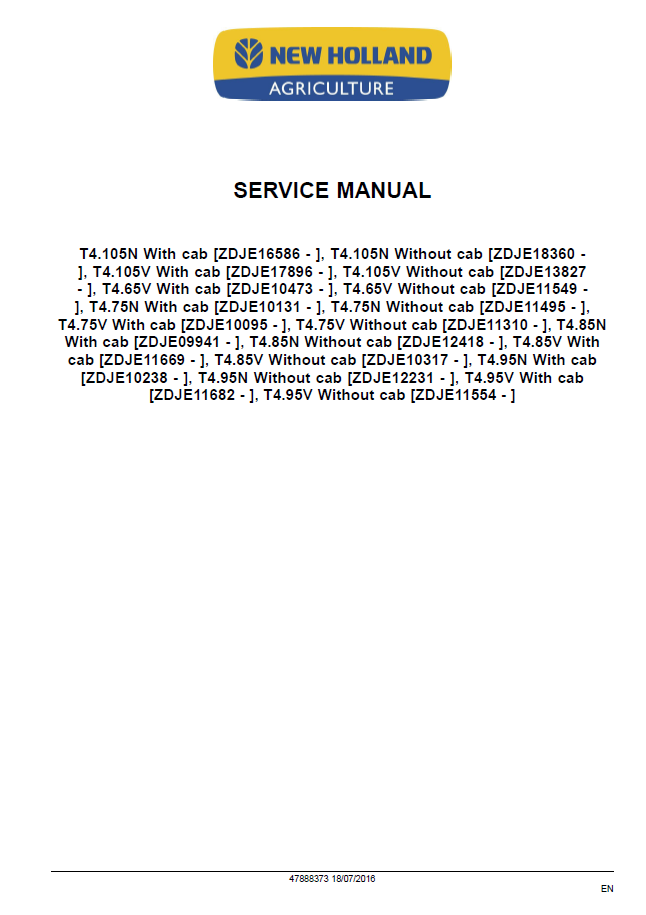 Official New Holland Narrow & Vineyard Series Tractor Workshop Manual - 47888373