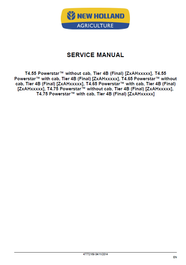 Official New Holland T4.55, T4.65, T4.75 Workshop Manual (47772169)